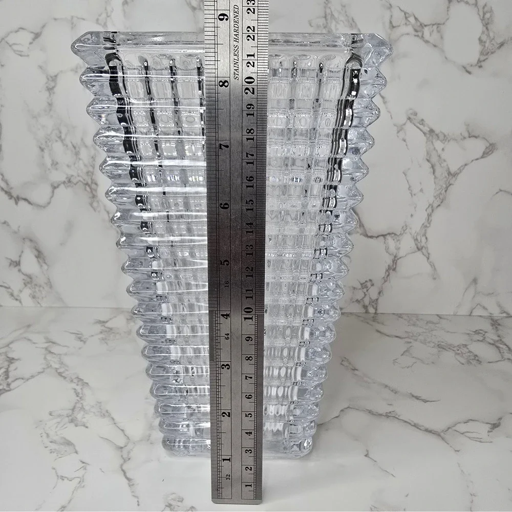Heavy Clear Crystal Ribbed Tapered Rectangular Vase 10 Inch Modern Decor